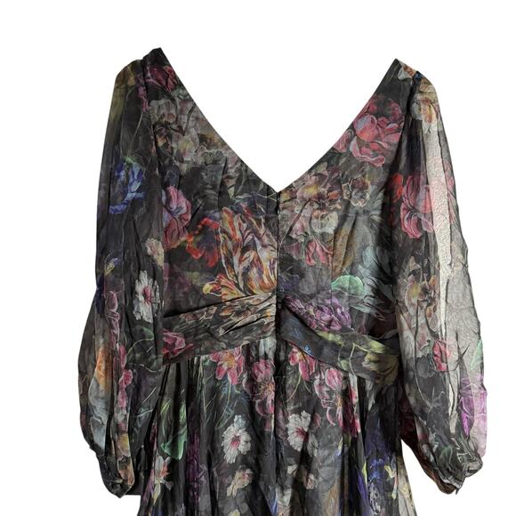 Marchesa Notte Metallic Floral Print Pleated Tulle V-Neck Cocktail Gown Size 8 - Picture 11 of 16